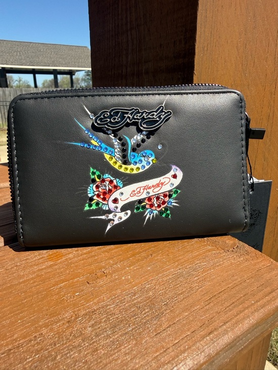 Ed Hardy Handbags - NWT Ed Hardy Black Wallet with Colorful Tattoo Art Rhinestone